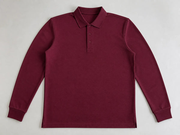 Custom long-sleeve polo shirt in burgundy cotton piqué, front flat lay