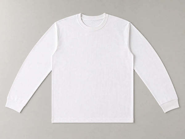 Custom long-sleeve T-shirt in white cotton jersey, front flat lay