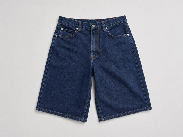 Custom indigo longline denim jorts, front flat lay