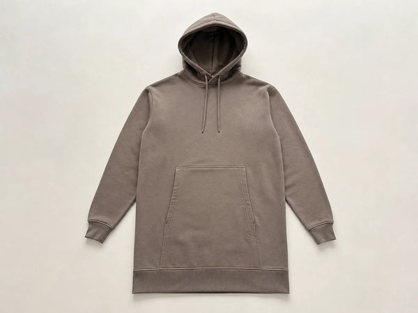 Custom longline pullover hoodie in taupe heavyweight fleece, front flat lay