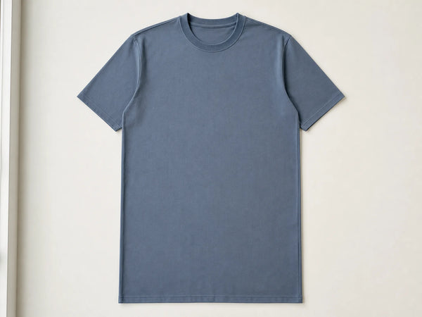 Custom longline T-shirt in slate blue cotton jersey, front flat lay