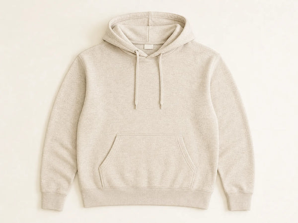 Custom loopback terry hoodie in natural oatmeal cotton, front flat lay