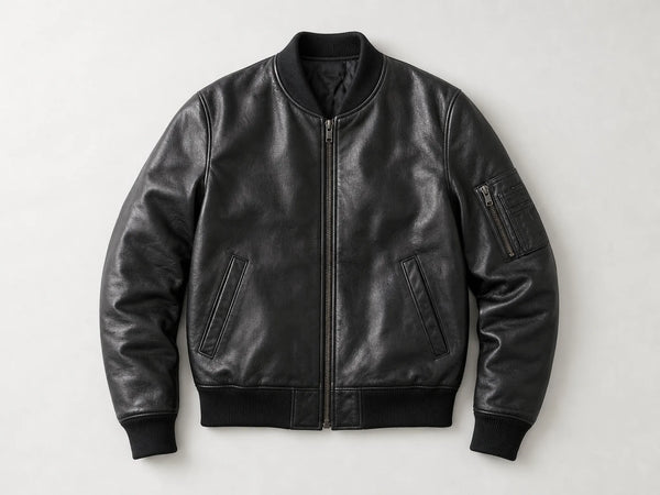 Custom black MA-1 style leather bomber jacket, front flat lay