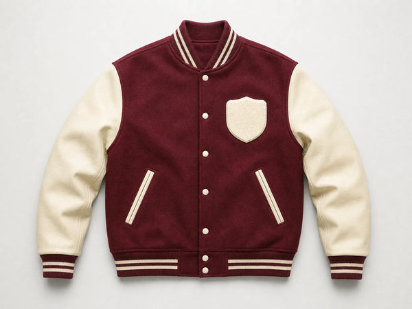 Custom maroon chenille letterman jacket, front flat lay