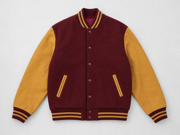 Custom maroon and gold college varsity jacket, front flat lay