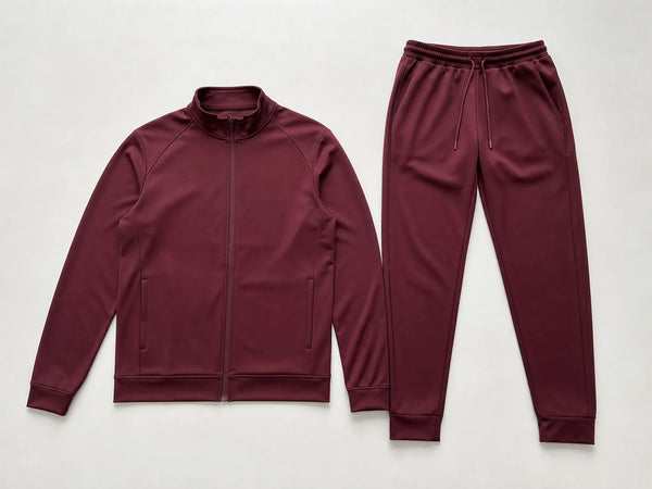 Custom burgundy matchday travel tracksuit with tailored jacket and pants, front flat lay