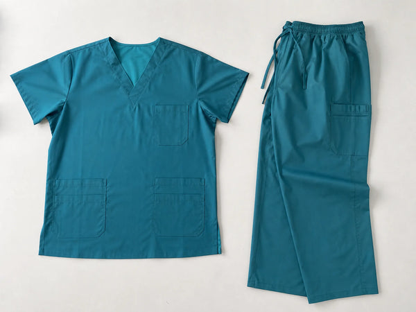 Custom teal medical scrubs top and trousers, front flat lay