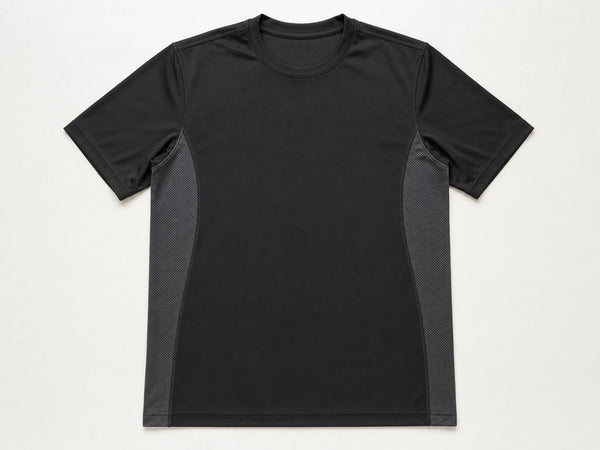 Custom black training T-shirt with dark grey mesh side panels, front flat lay