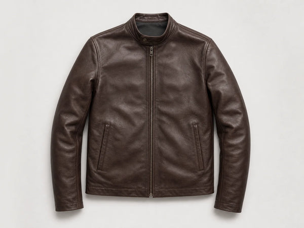 Custom espresso leather minimal café racer jacket, front flat lay