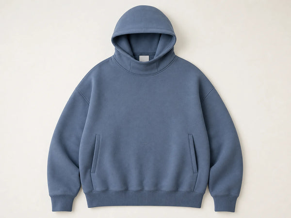 Custom mock-neck oversized hoodie in slate blue heavyweight fleece, front flat lay
