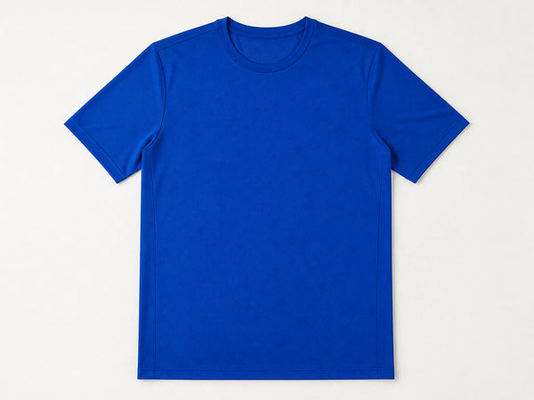 Custom moisture-wicking training T-shirt in cobalt blue, front flat lay