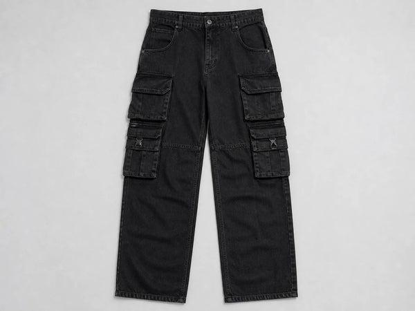 Custom black multi-pocket denim cargo trousers, front flat lay