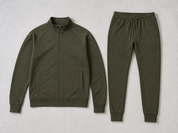 Custom dark olive muscle-fit tracksuit with fitted jacket and joggers, front flat lay