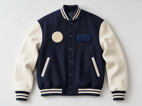 Custom navy and cream chenille-patch varsity jacket, front flat lay