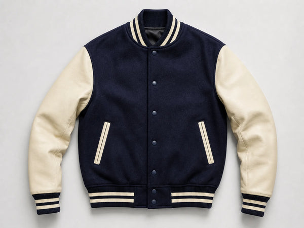 Custom navy varsity jacket with cream leather sleeves, front flat lay