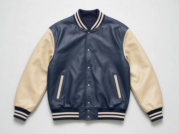 Custom navy and cream leather varsity jacket, front flat lay