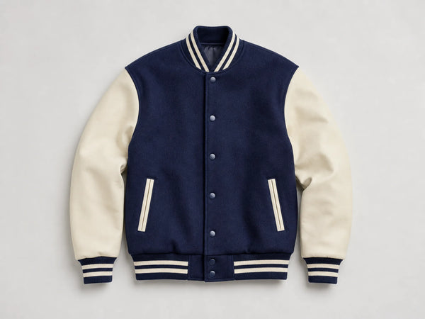 Custom navy and cream school varsity jacket, front flat lay