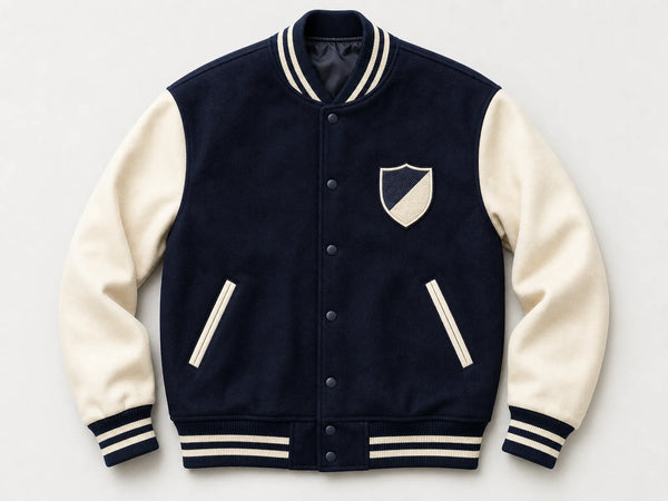 Custom navy crest-embroidered varsity jacket, front flat lay