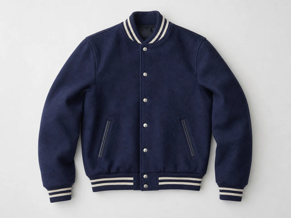 Custom navy wool varsity jacket, front flat lay