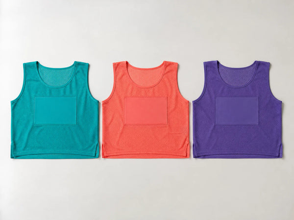 Custom set of blank netball positional bibs in three colours, front flat lay
