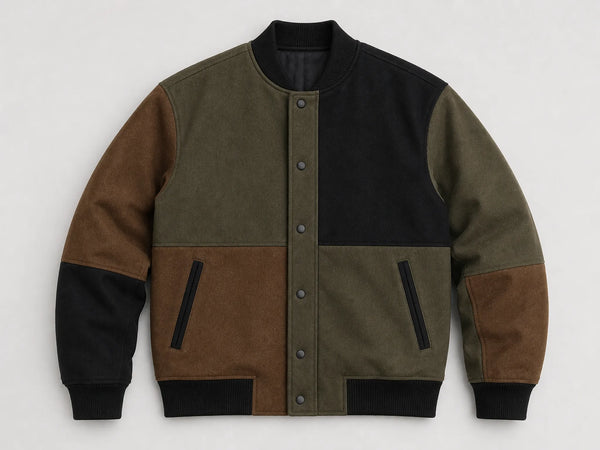 Custom olive and black patchwork varsity jacket, front flat lay