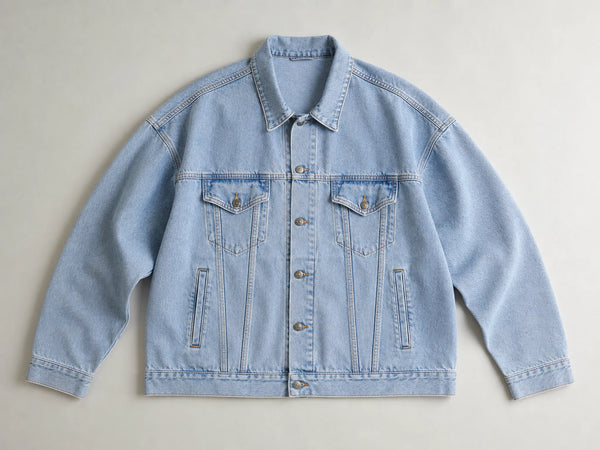 Custom light blue oversized denim jacket, front flat lay