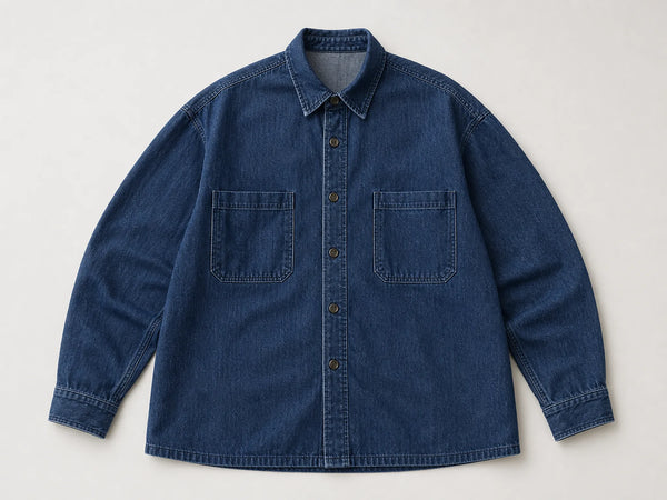Custom indigo oversized denim overshirt, front flat lay