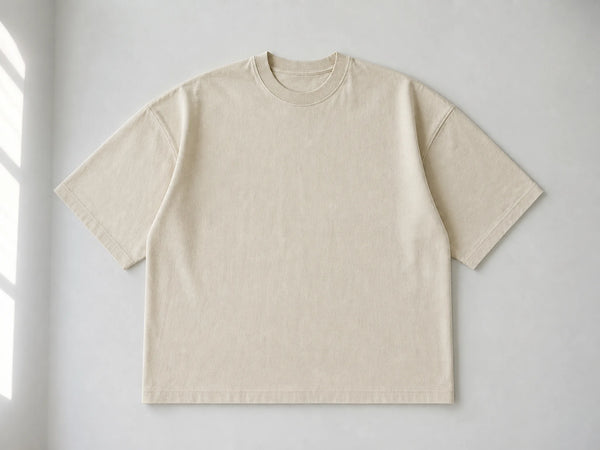 Custom oversized T-shirt in washed cream heavyweight cotton, front flat lay