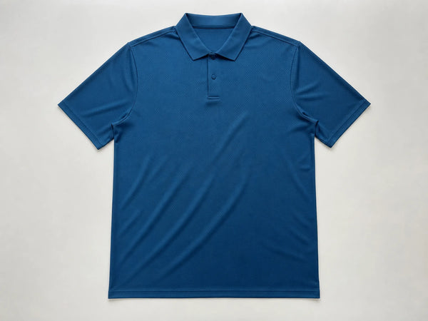 Custom performance polo in petrol blue technical knit, front flat lay