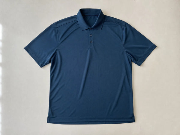 Custom petrol blue performance staff polo, front flat lay