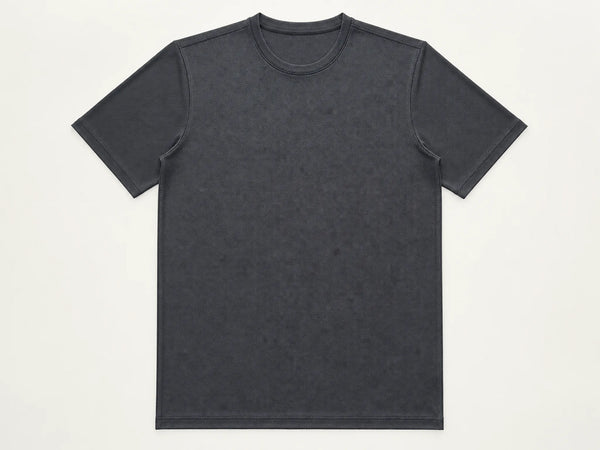 Custom performance T-shirt in charcoal moisture-wicking knit, front flat lay