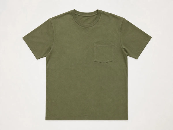 Custom pocket T-shirt in muted olive cotton, front flat lay