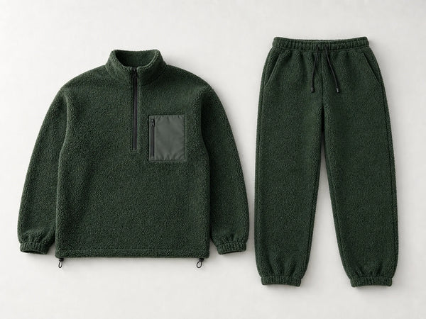 Custom forest green polar fleece set with quarter-zip top and pants, front flat lay