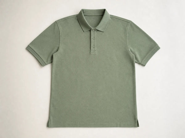 Custom polo shirt in sage green piqué cotton, front flat lay