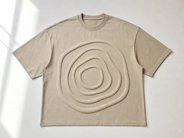 Custom sand T-shirt with raised tonal contour puff print, front flat lay