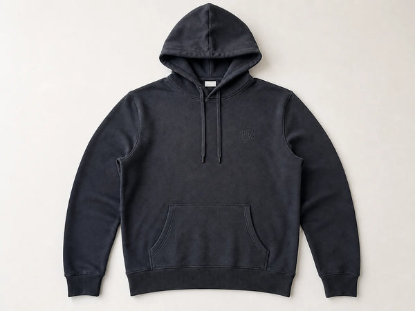 Custom pullover hoodie in charcoal heavyweight fleece, front flat lay