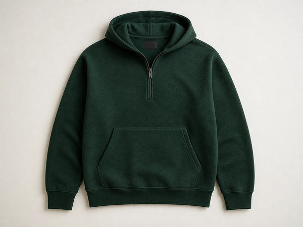 Custom quarter-zip fleece hoodie in forest green, front flat lay