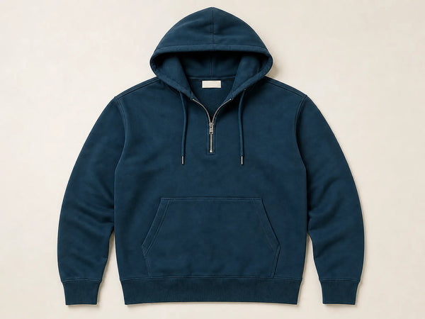 Custom quarter-zip hoodie in petrol blue heavyweight fleece, front flat lay