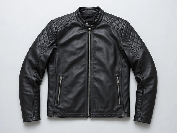 Custom black quilted café racer jacket, front flat lay