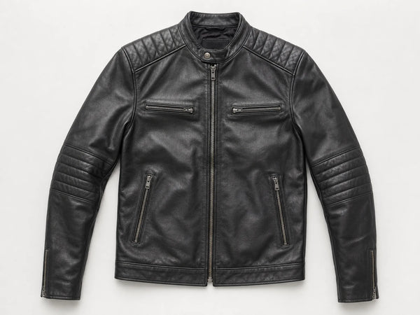 Custom black quilted-panel biker jacket, front flat lay