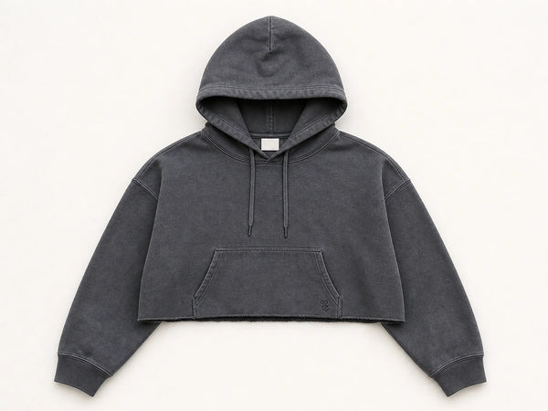 Custom raw-hem cropped hoodie in washed charcoal fleece, front flat lay