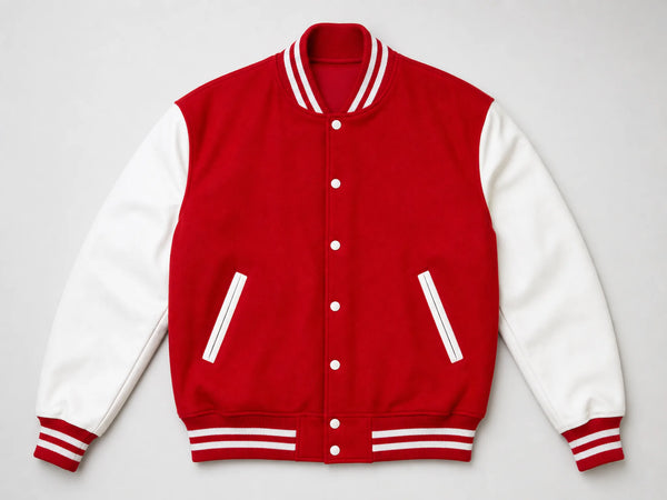 Custom red and white leavers varsity jacket, front flat lay