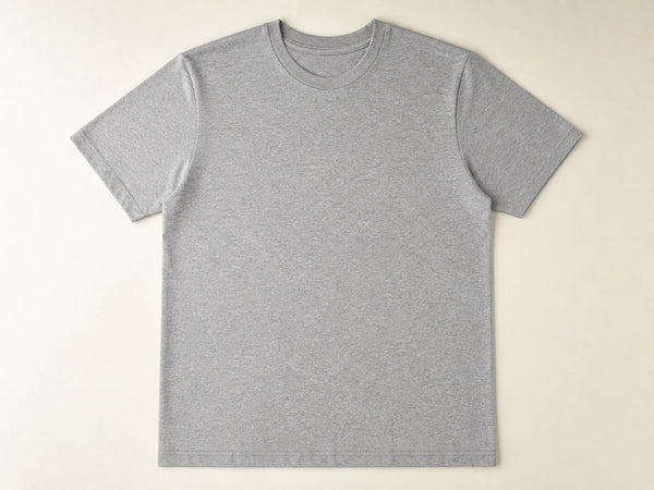 Custom ringspun crew T-shirt in heather grey cotton, front flat lay