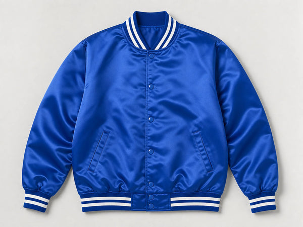 Custom royal-blue satin varsity jacket, front flat lay