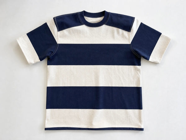 Custom navy and cream hooped rugby jersey, front flat lay
