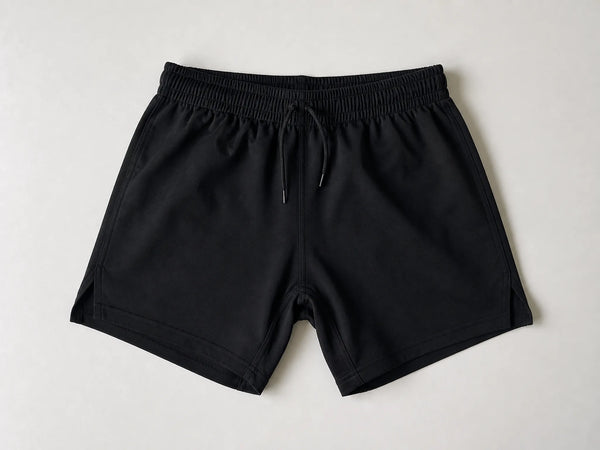Custom black rugby shorts with reinforced seams, front flat lay