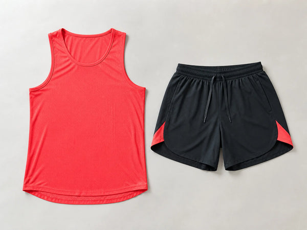 Custom coral running singlet and black split shorts, front flat lay