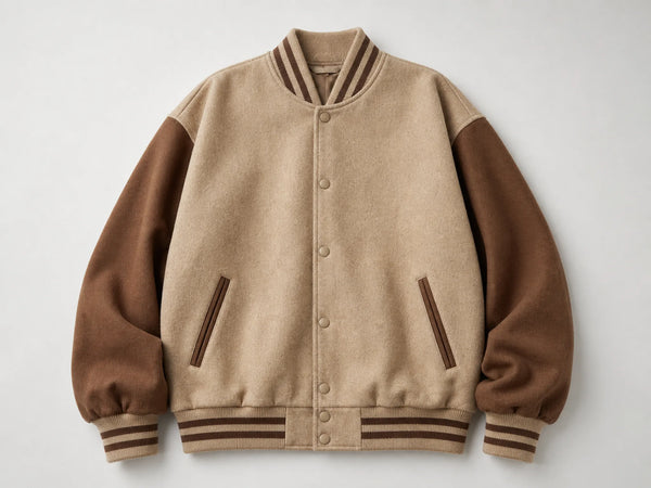 Custom sand oversized varsity jacket, front flat lay