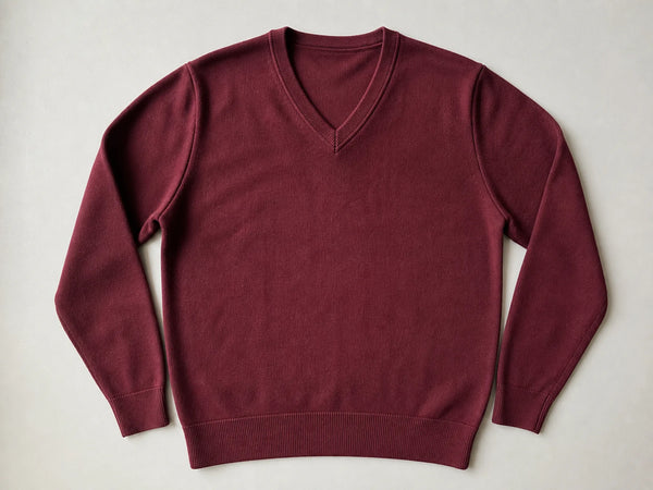 Custom burgundy school jumper, front flat lay