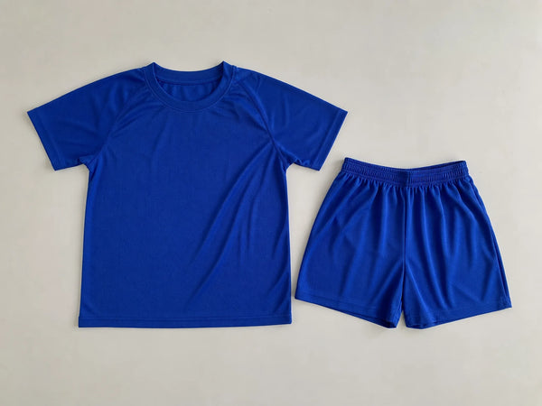 Custom royal blue school PE kit with shirt and shorts, front flat lay